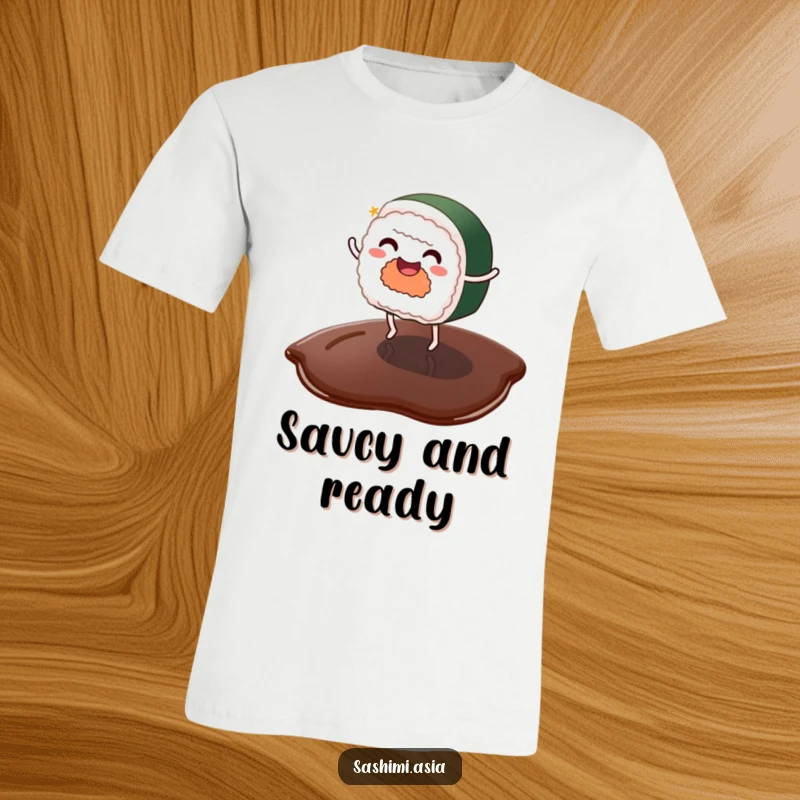 Funny sushi with tiny legs joyfully dancing on a soy sauce puddle, a quirky graphic t-shirt.