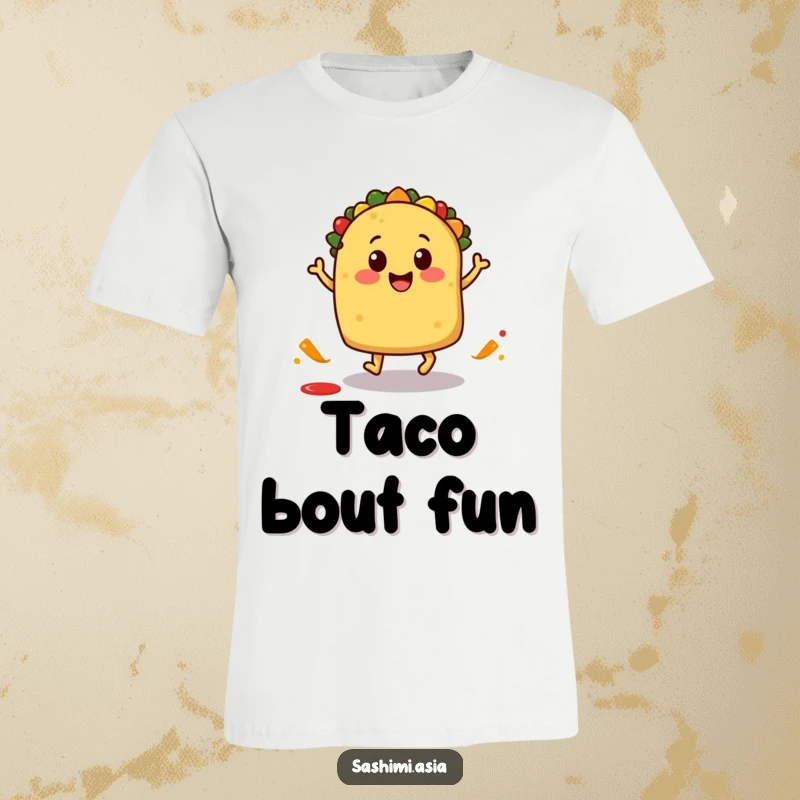 Smiling taco character with tiny feet doing a playful salsa splash hop, a funny graphic t-shirt.