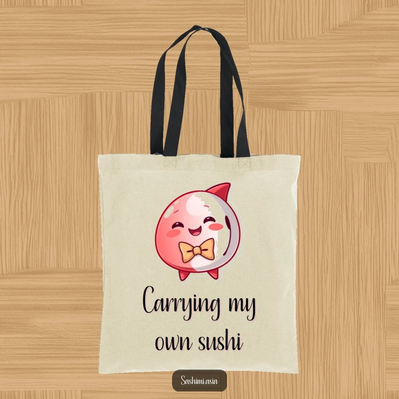 Funny Red Tuna Tote Bag: A dapper, smiling tuna in a bow tie, perfect for carrying groceries with humor.