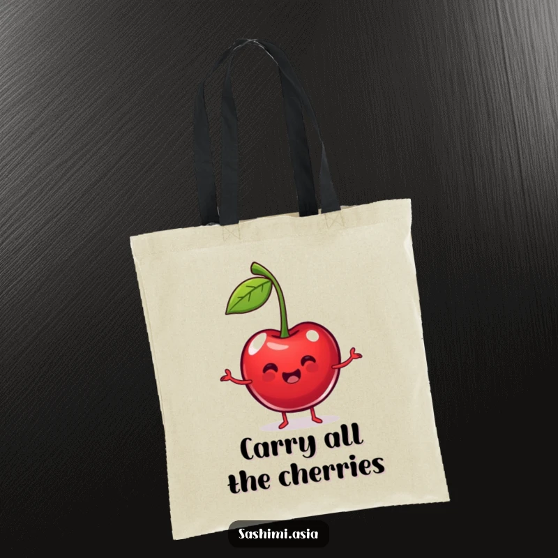 Funny Dancing Cherry Tote Bag: A plump, happy red cherry dancing with stem arms, perfect for carrying items with fruity humor.