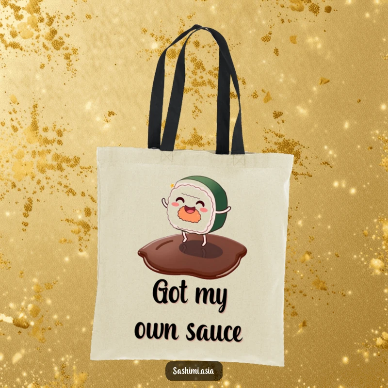 Funny sushi with tiny legs dancing playfully on a soy sauce puddle, a humorous and practical tote bag.