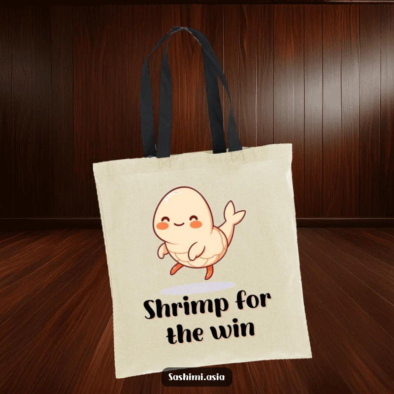 Funny Hopping Shrimp Tote Bag: A smiling, plump shrimp hopping, perfect for carrying items with playful humor.